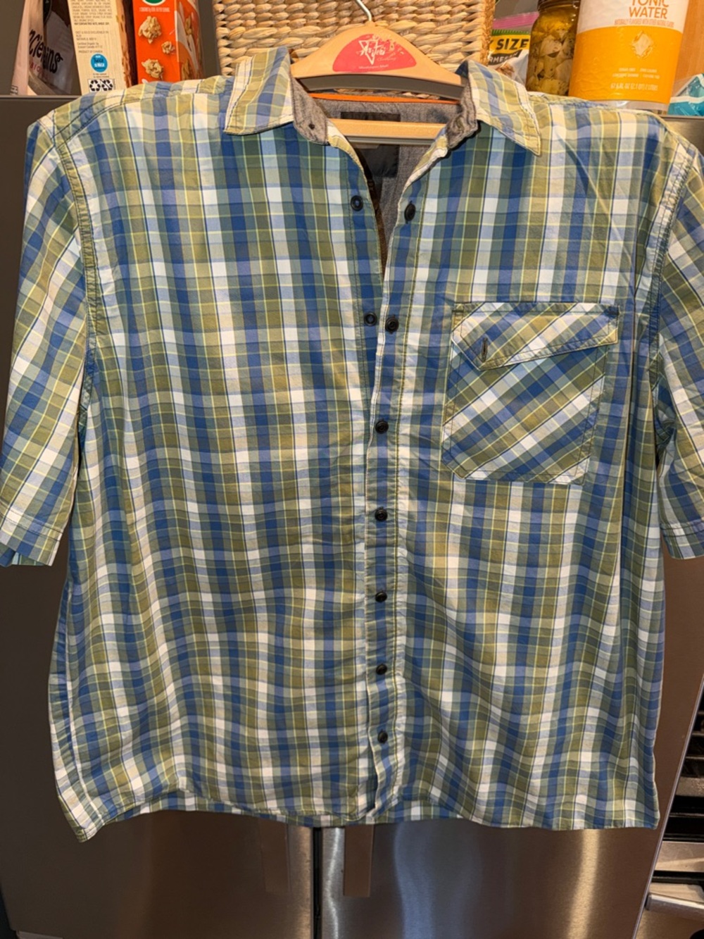 5.11 Tactical olive Green blue checkered Plaid Shirt short sleeves snap front Lg